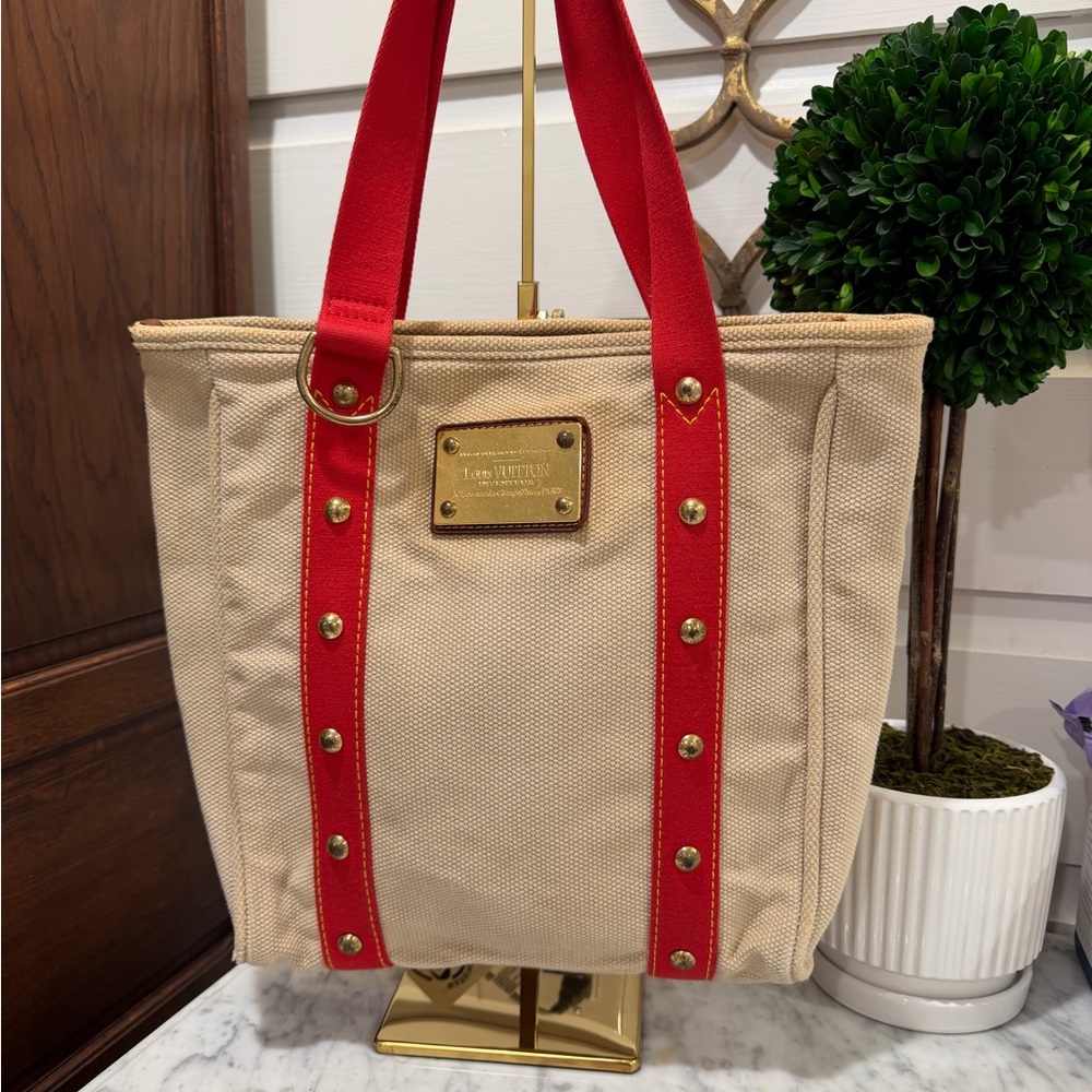 Louis Vuitton Beige Canvas Tote with Red Straps